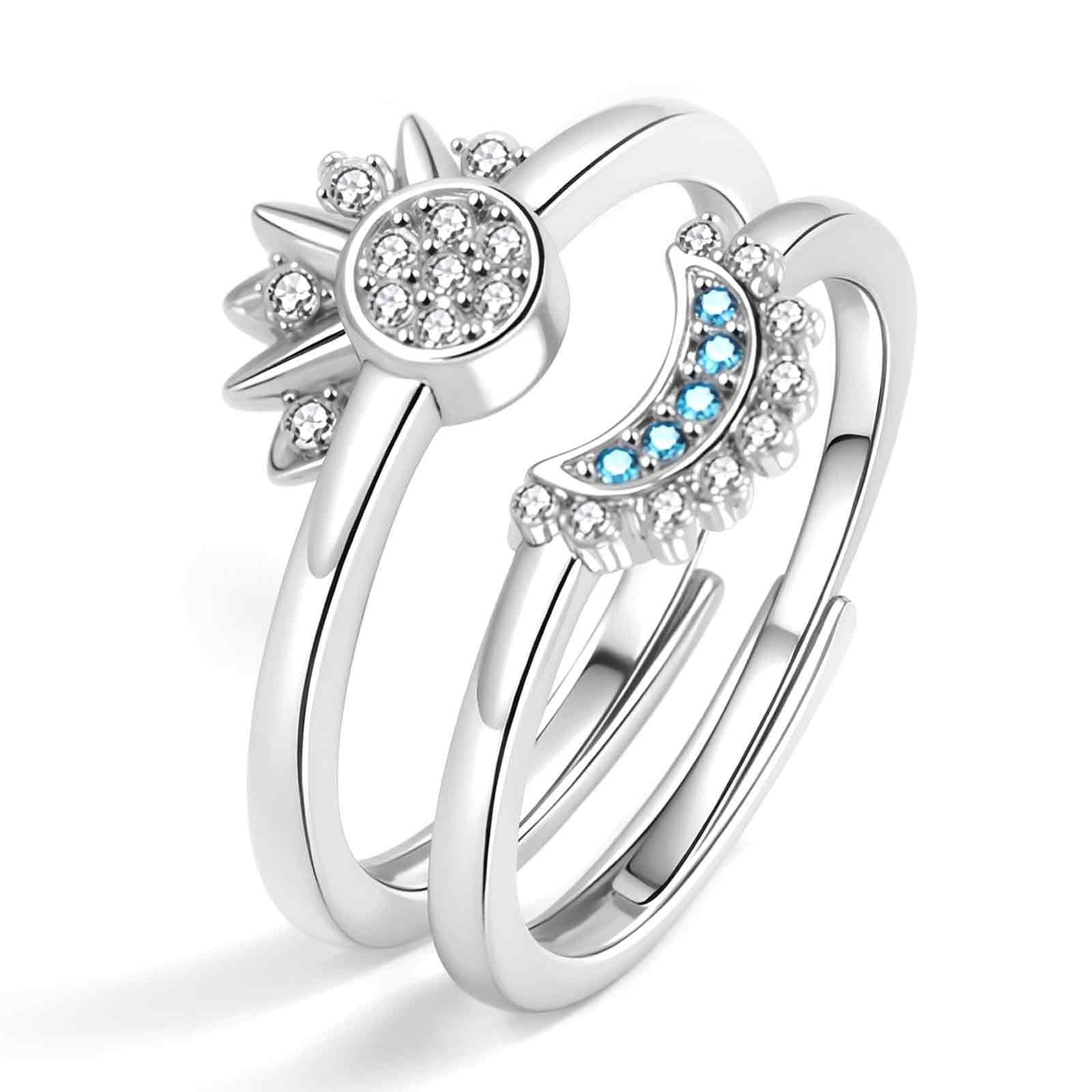 OQKAHIV Anillos Sol y Luna Mujer, 2 Pcs Ajustables en Plata con Piedra Preciosa Circonita, Elegantes y Sencillos, Promesa Joyas Dorados para Mujeres y Parejas, Anillas calidad en un diseño encantador