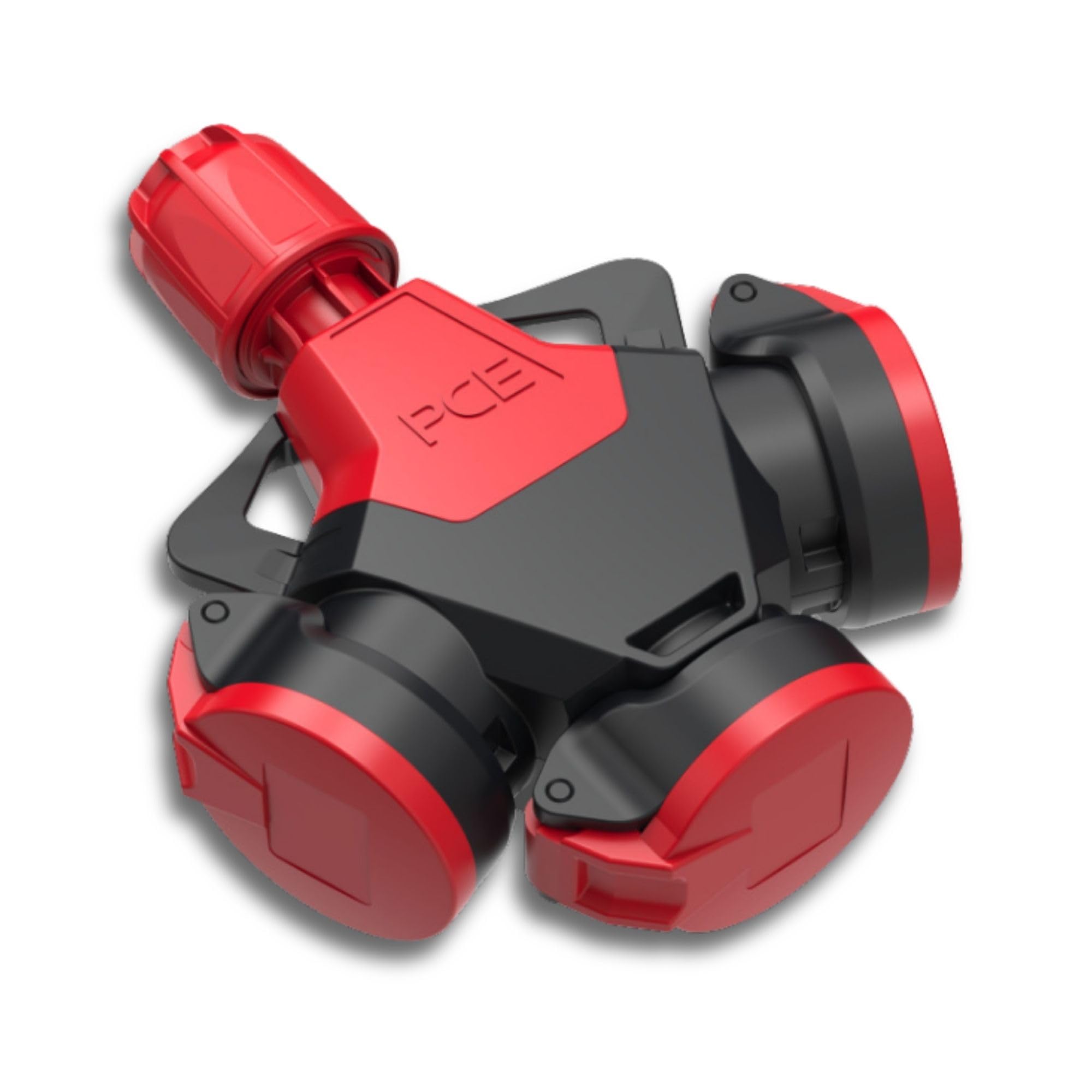 PCE 253822-sr TopTaurus2 3-Wegekupplung Vollgummi IP54 Schutzkontakt | Robustes Gehäuse mit Klappdeckel für Baustelle & Outdoor, TPE-Kontaktträger, VDE-geprüft, Schutzart IP54, Farbe Rot