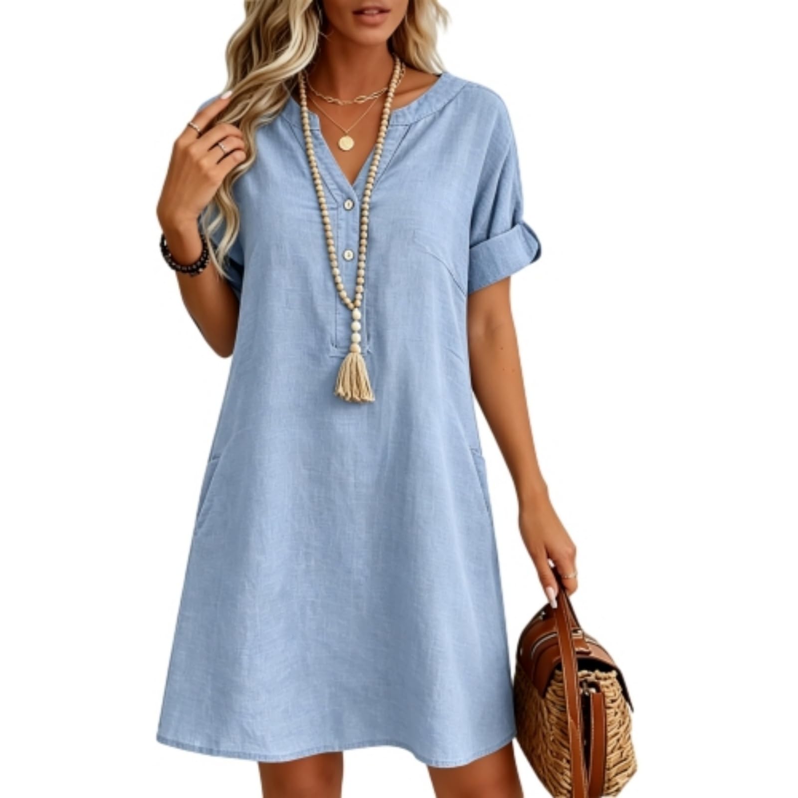 Sommerkleid Damen Kurz A Linie Blusenkleid Damen Sommer Elegant Tunika Kleid mit Ärmel Kurzarm Sommerkleider Leicht Kleider Frauen V Ausschnitt Einfarbig Damenkleider mit Knopfleiste S-XXL