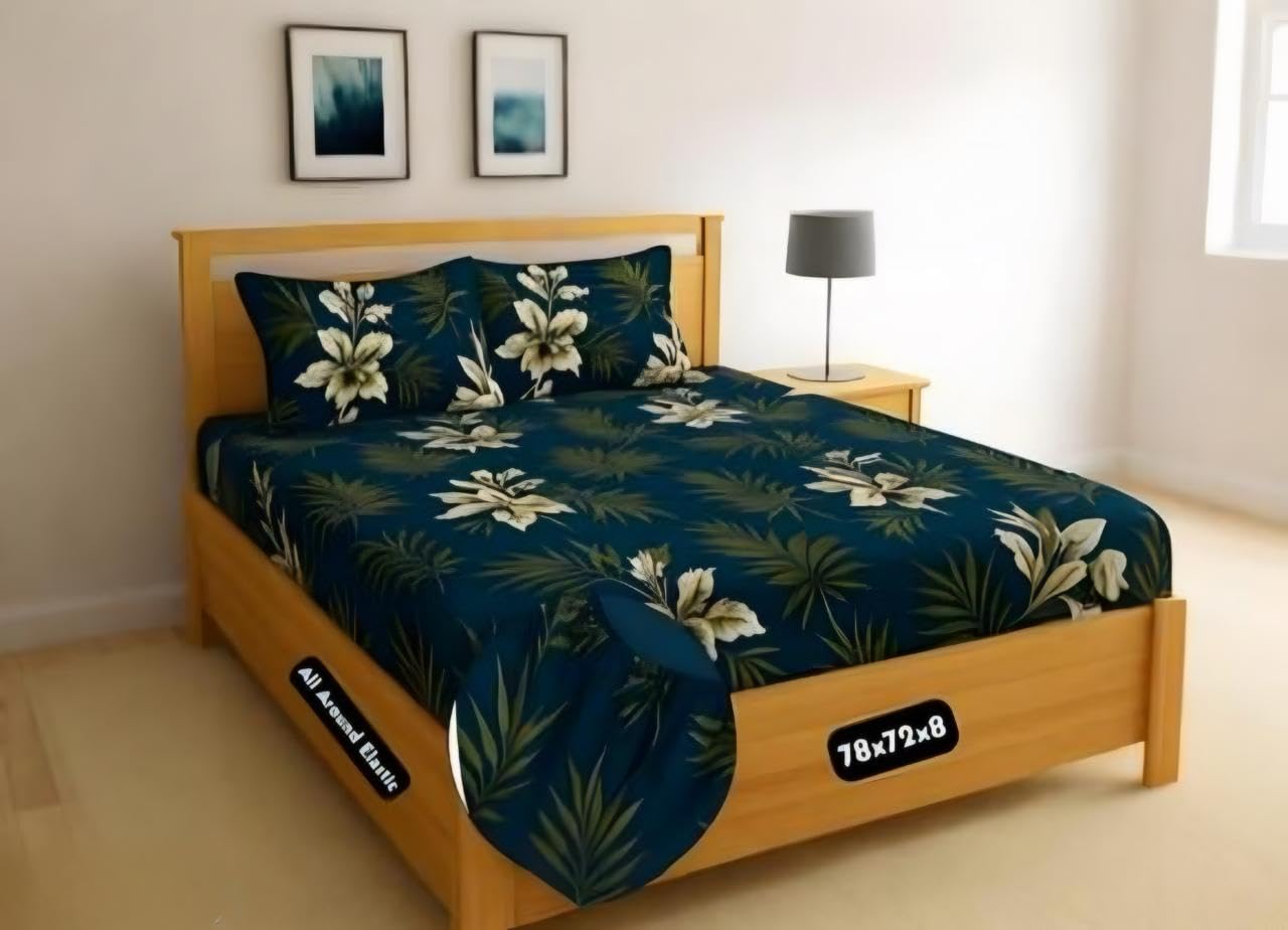 Glace Cotton Fitted 1 Bedsheet King Size (72"x78") | All Around Elastic | Cotton Feel | 2 Pillow Covers (17"x27") Fits Upto 8 Mattress | 200-220 TC | Printed Double Bed Sheet FEB1065-image-18