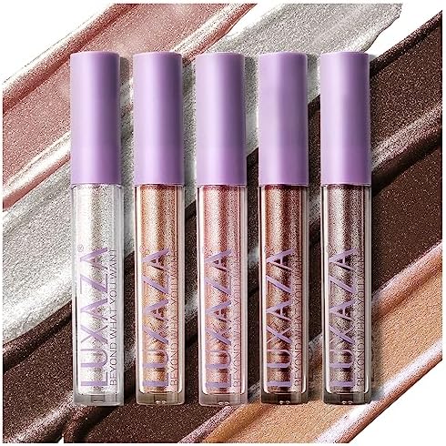 LUXAZA 5Pcs Liquid Eyeshadow Set,Shimmer & Metallic Glitter Eyeshadow,Highly Pigmented Long Lasting Liquid Shadow Eye Makeup,5 Colors Quick-Drying Sparkling Eye Shadow Makeup Set