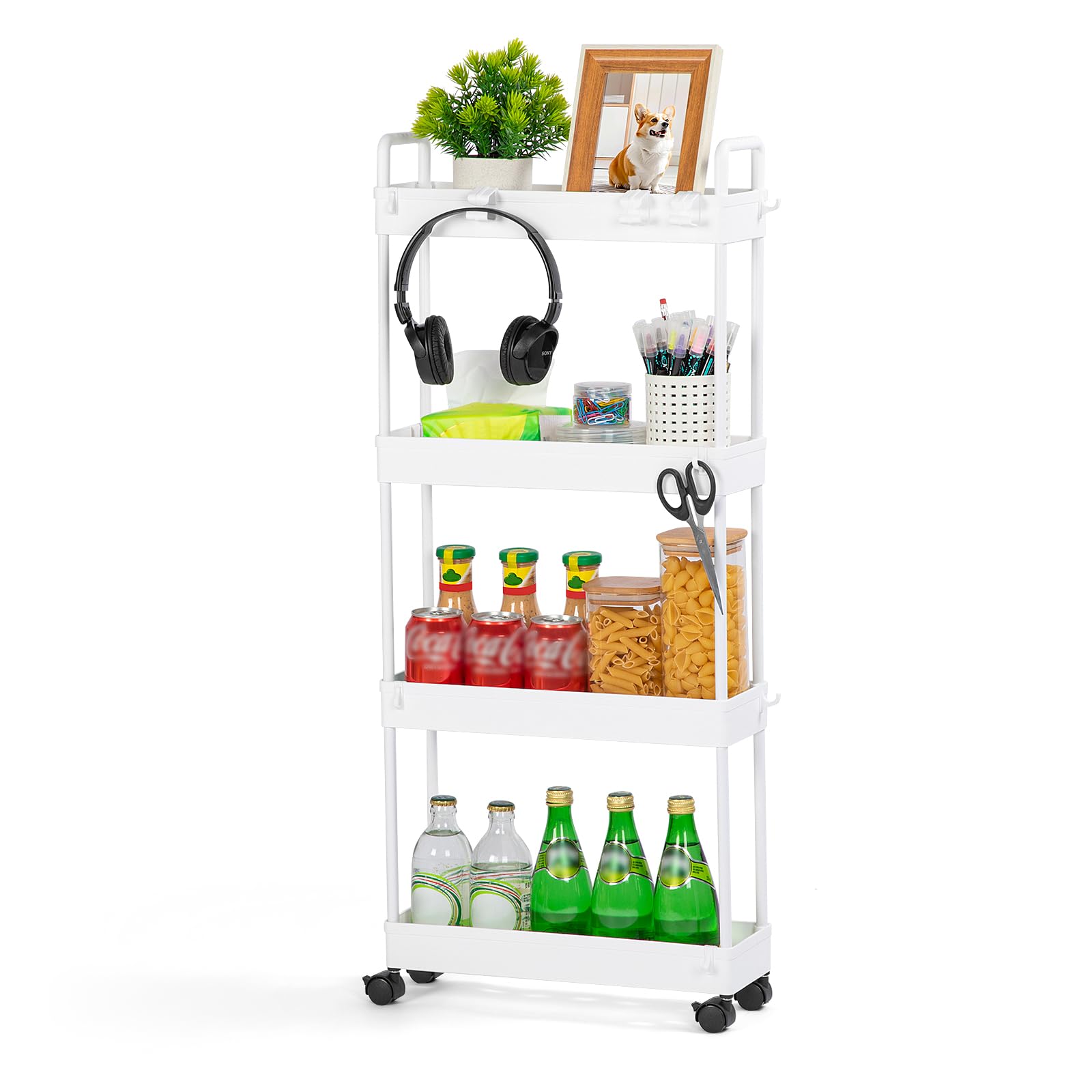 FoiiLiio Carrello Portaoggetti a 4 Livelli,Scaffale da Cucina Mobile,Carrello Bagno Salvaspazio,Carrellino Cucina Salvaspazio a Ruote,Carrello con Ruote per Ufficio,Bagno,Bianco,38.8 x 12.5 x 90.7cm