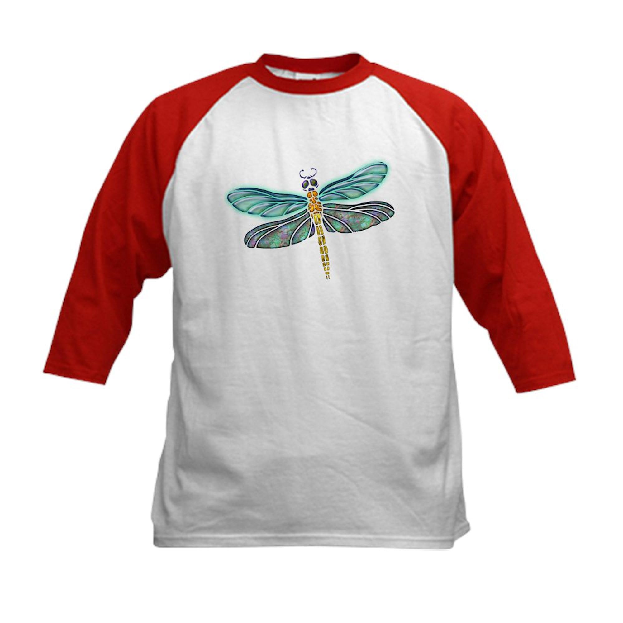 CafePress Glowing Stained Glass and Abalone Shell Dragonfly Kids Cotton Baseball Jersey, 3/4 Raglan Sleeve Shirt Red/White