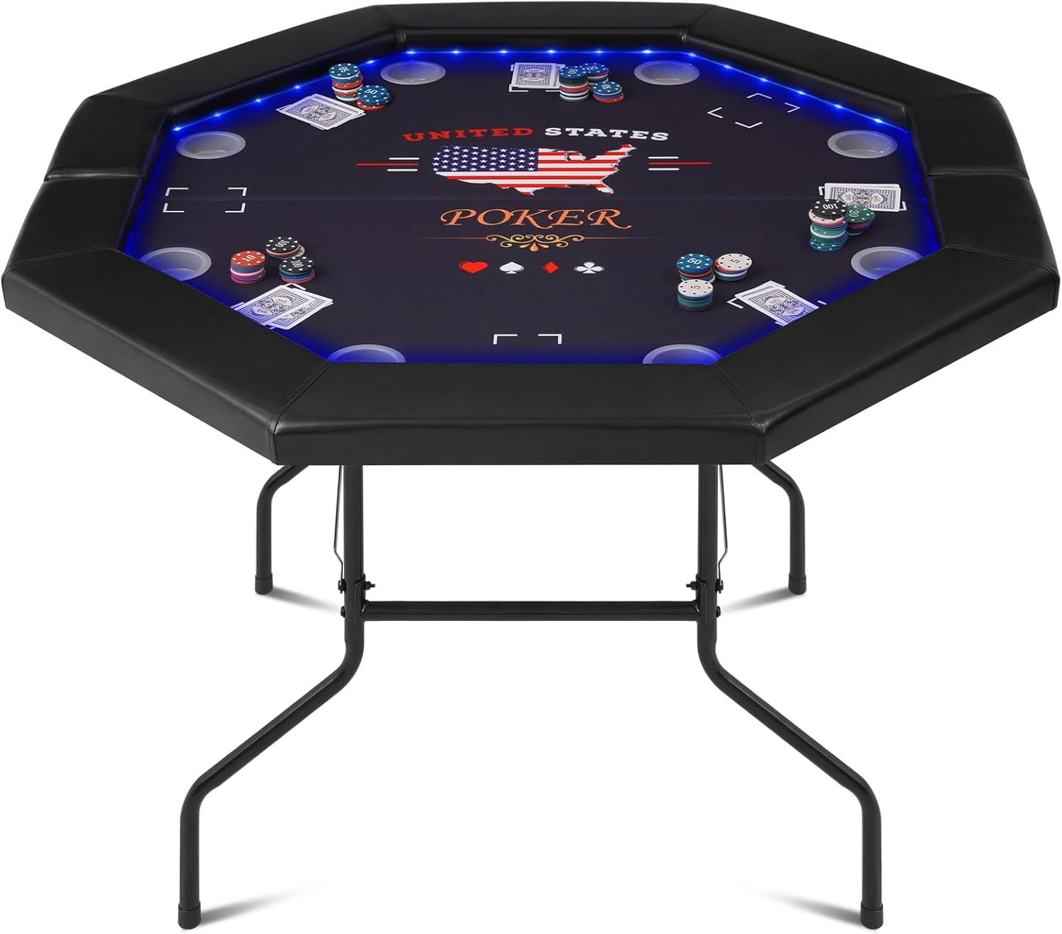 LED Poker Table Foldable, Octagon Casino Leisure Gamimg Table for 8 Player, Folding Texas Holdem Blackjack Table w/Built-in LED Light, Padded Rails & Cup Holders for Home Game Room