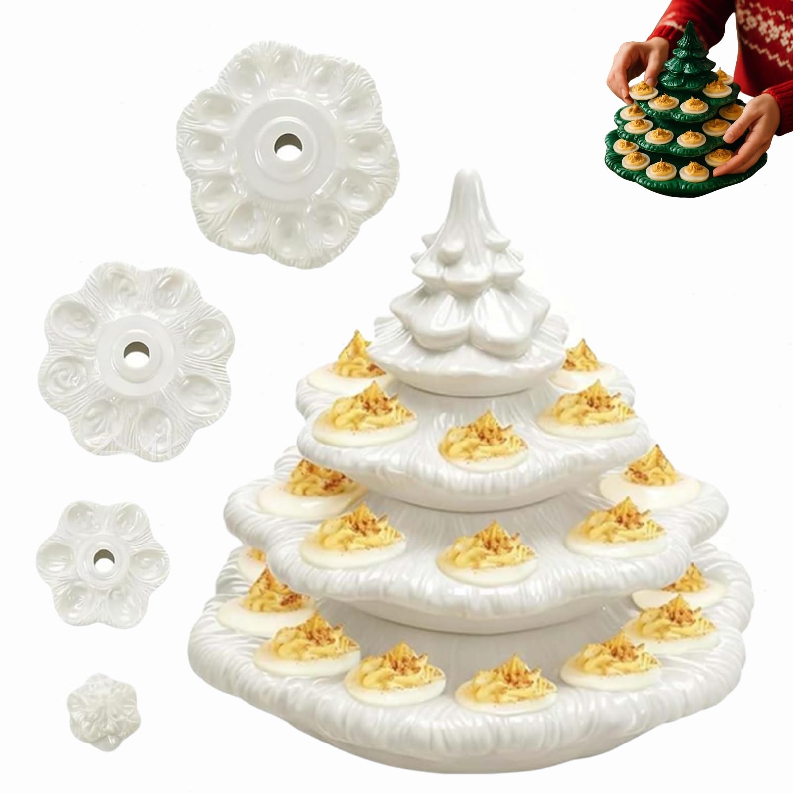Bandeja reutilizable para huevos con tapa para árbol de Navidad, bandeja ovalada apilable para fiestas, soporte decorativo verde con forma de planta para reuniones festivas