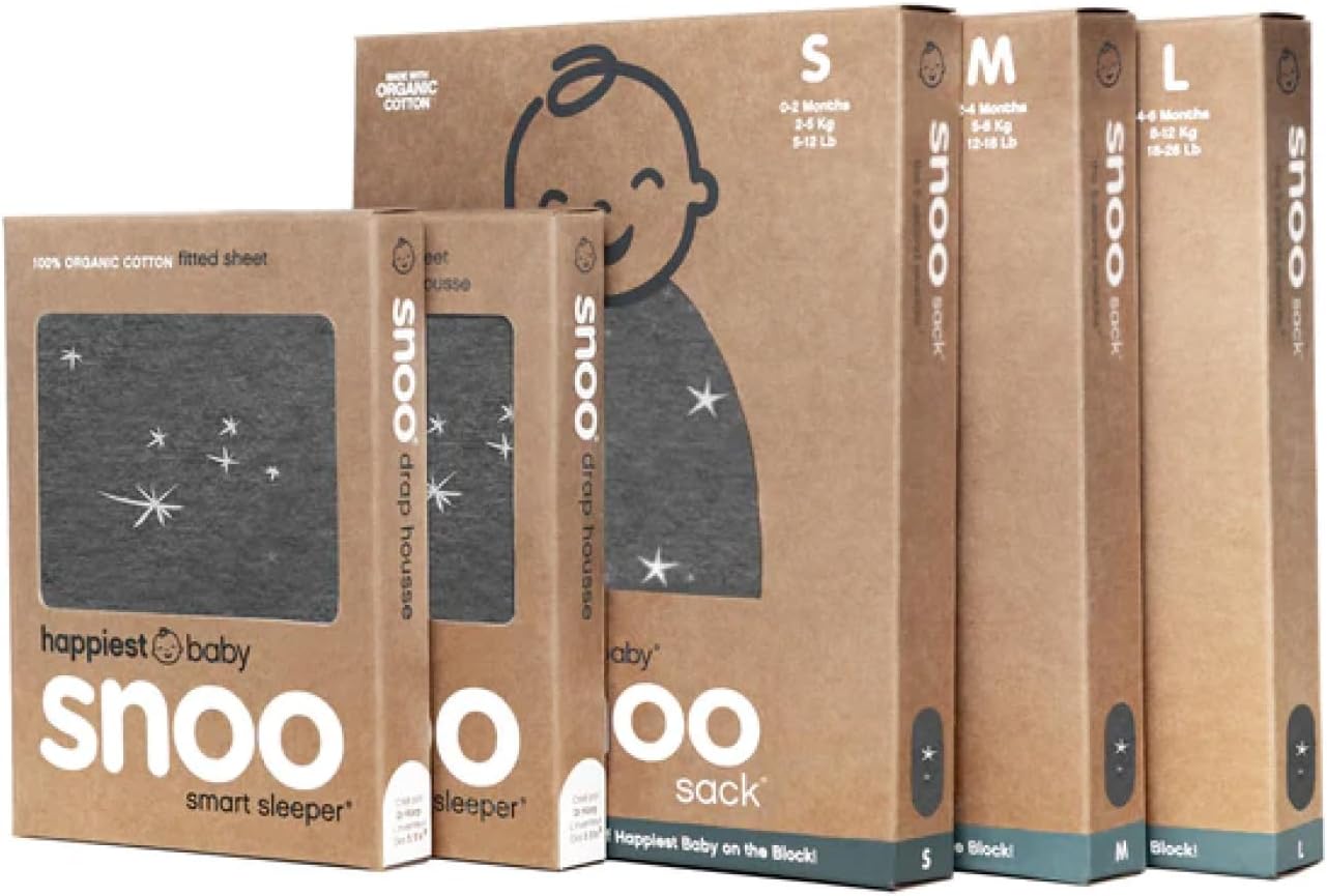 Happiest Baby The Big Bundle 100% Organic Cotton - Includes 3 SNOO Sacks and 2 SNOO Bassinet Fitted Sheets (Charcoal Stars)