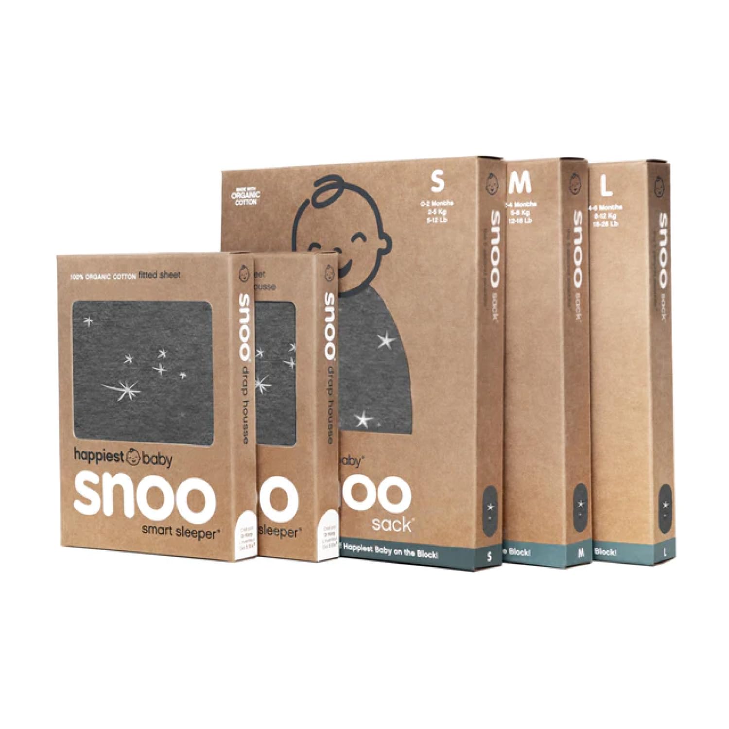 Happiest Baby The Big Bundle 100% Organic Cotton - Includes 3 SNOO Sacks and 2 SNOO Bassinet Fitted Sheets (Charcoal Stars)