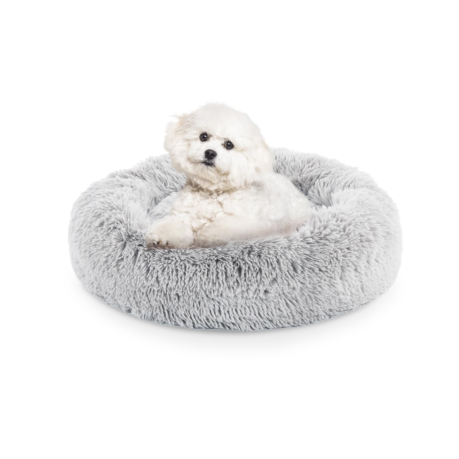 FluffyDream 24 Inch Donut Dog Bed, Calming Plush Fur Cuddle Bed for Dogs and Cats, Grey Washable Round