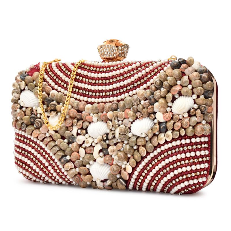 for the beautiful you Women's Seashell Embellished Evening Clutch Purse with Pearl & Crystal Detailing, Rose Gold Clasp & Chain Strap-picture-18