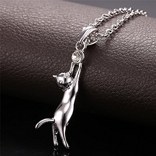 U7 P644B Cute Cat Necklace Rhinestone Platinum Plated Chain Girls 3D Kitten Animal Pendants Full Cat Charm Necklaces Gift thumb #3