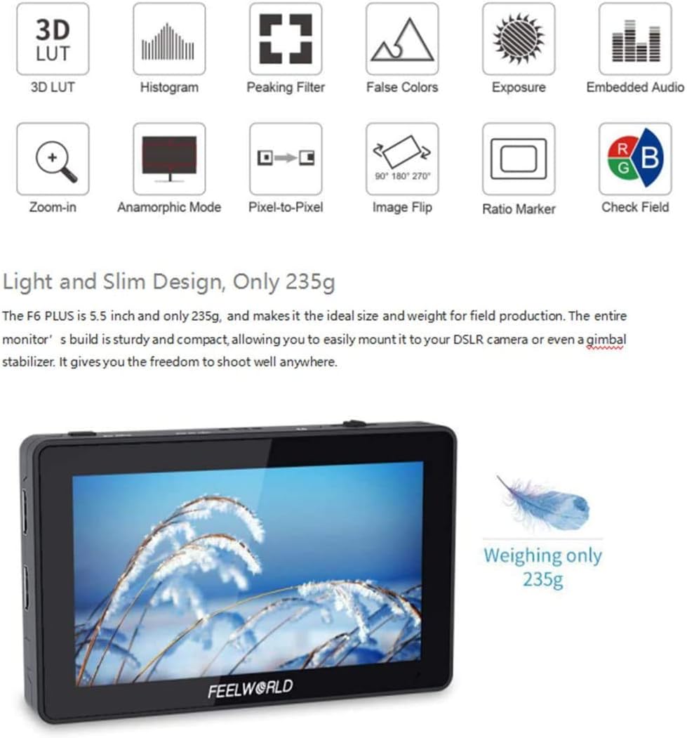 Popular Feelworld F6 Plus 5.5inch Touchscreen IPS 1920X1080 4K HDMI Camera Monitor Brightness 500cd/m2 3D Lut Camera Video Field Monitor