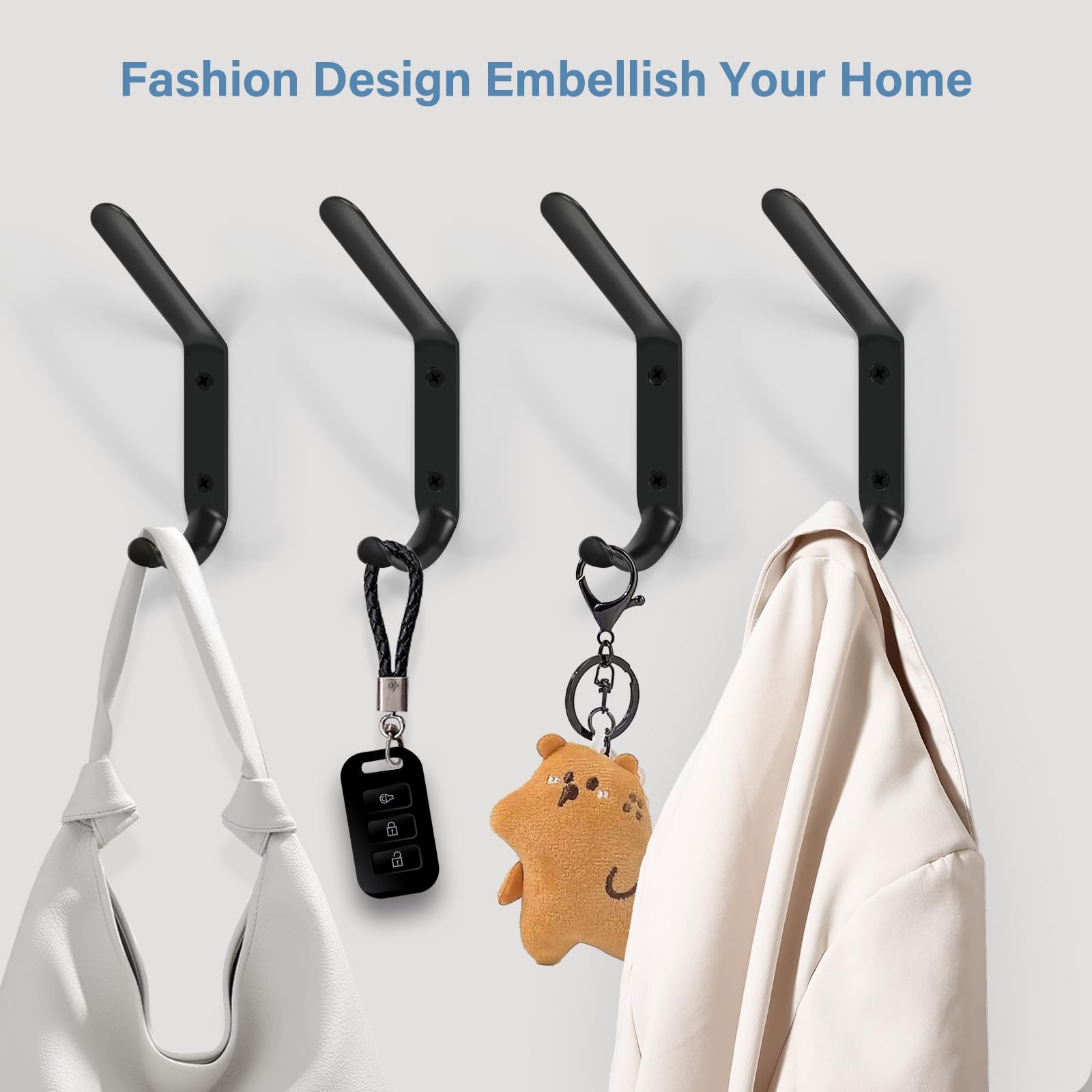 L&lonpa 5 Pack Coat Hooks for Hanging with Screws Heavy Duty Modern Double Prong Wall Hooks Black Metal Coat Hanger Wall Mount F9184 Multipurpose for Scarf, Backpack, Key, Hat