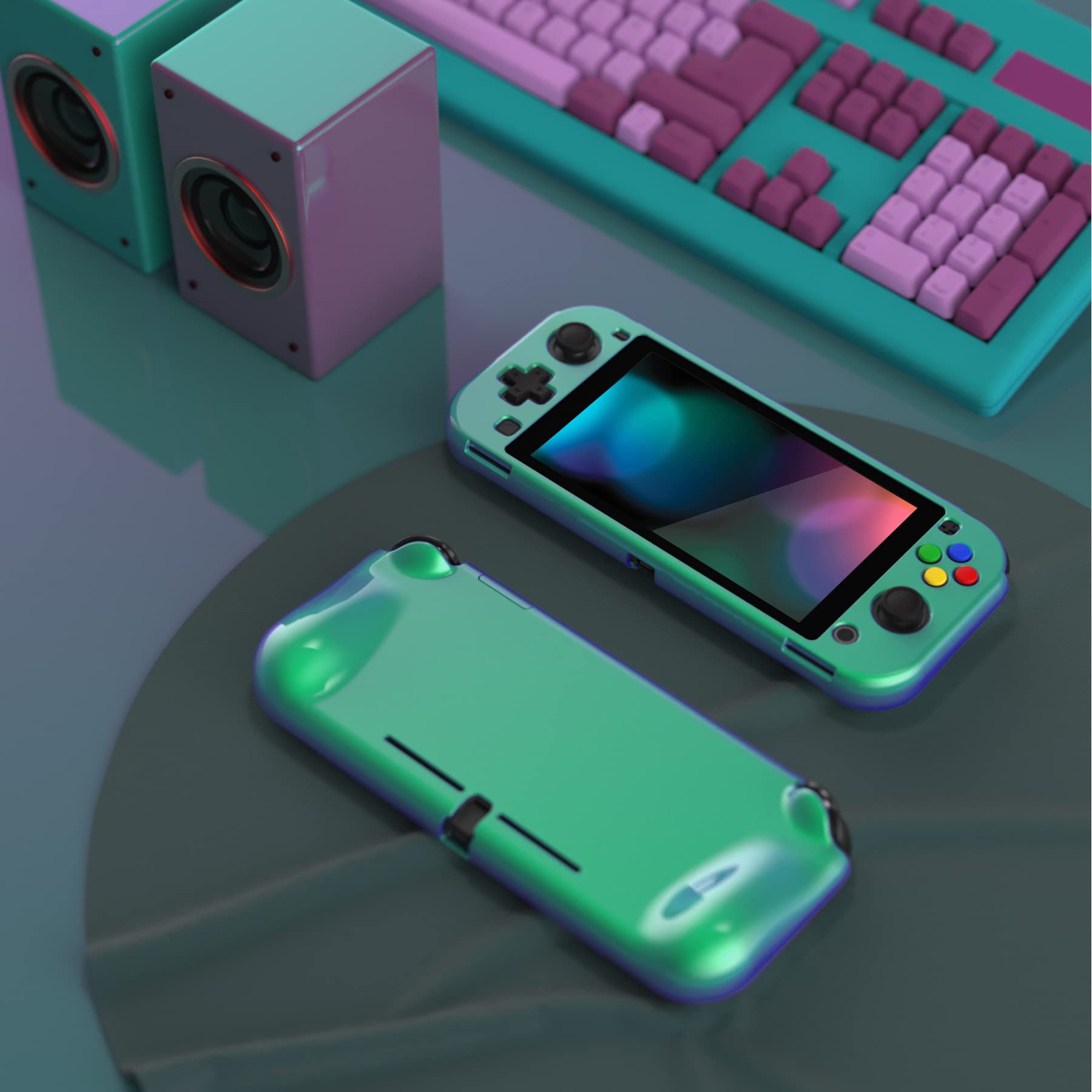 PlayVital ZealProtect Glossy Protective Case for Nintendo Switch Lite, Hard Shell Ergonomic Grip Cover for Switch Lite w/Screen Protector & Thumb Grip Caps & Button Caps - Chameleon Green Purple - 5