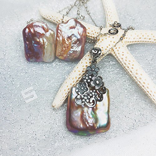 Natural Biwa Pearls Silver Set, Large Baroque Cultured Pearl In Sterling Silver Necklace & Earrings, Metallic Real Pearls Silver Jewelry Set