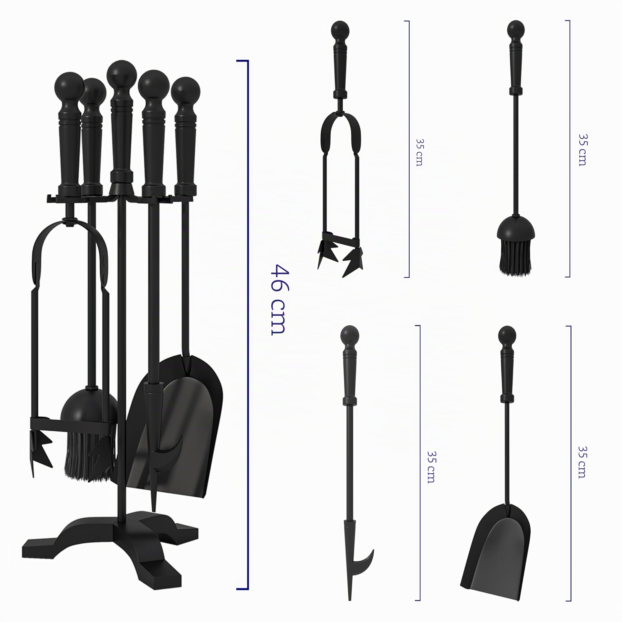 Kingson Moderno set di attrezzi per caminetto in ghisa, spazzola, pala, attizzatoio e pinze, 19,5 x 17 x 46 cm, elegante accessorio per bruciatore a legna e set di accessori per caminetto