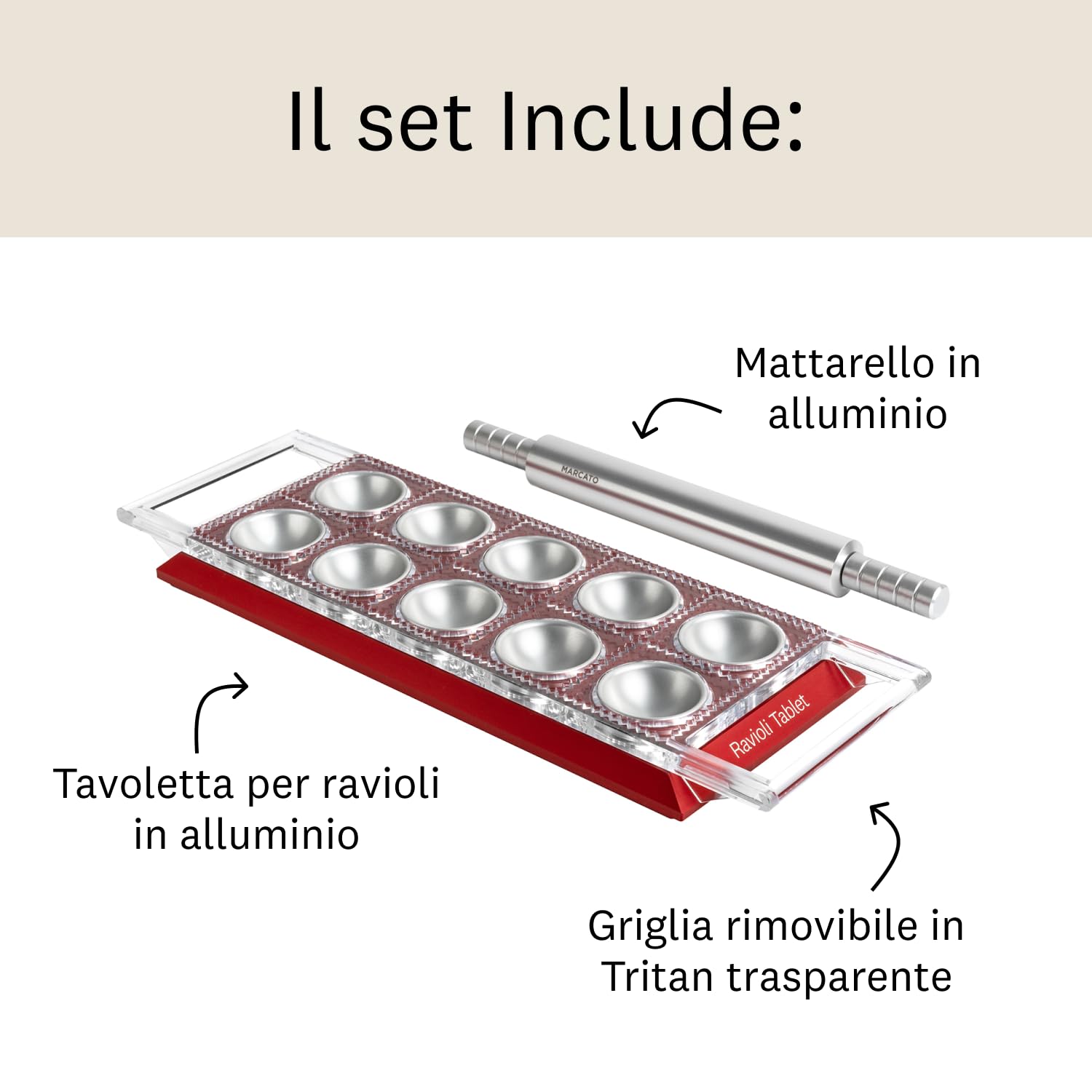 Marcato Ravioli Tablet, Stampo per Ravioli Forme per Ravioli, Powder Rosso, Alluminio Anodizzato, Mattarello Incluso, 20x10x2 cm, Preparazione Facile, Design Elegante