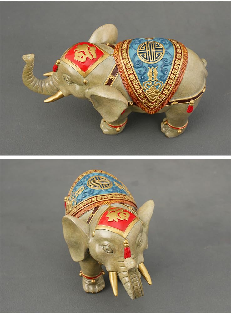 Figurka Lucky Fu Elephant z mosiądzu – ręcznie malowana kolorowa chińska statua słonia Feng Shui, bogactwo i ochrona z litego mosiądzu do salonu, prezent na parapetówkę,