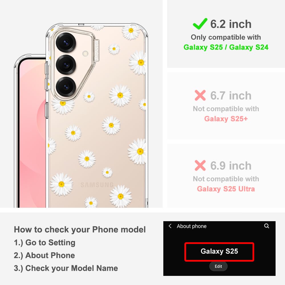 MOSNOVO Case for Samsung Galaxy S25 / Galaxy S24, [Buffertech 6.6ft Military-Grade Drop Protection] [Anti Peel Off Tech] Clear TPU Bumper Phone Case Cover Design - White Daisy - 2