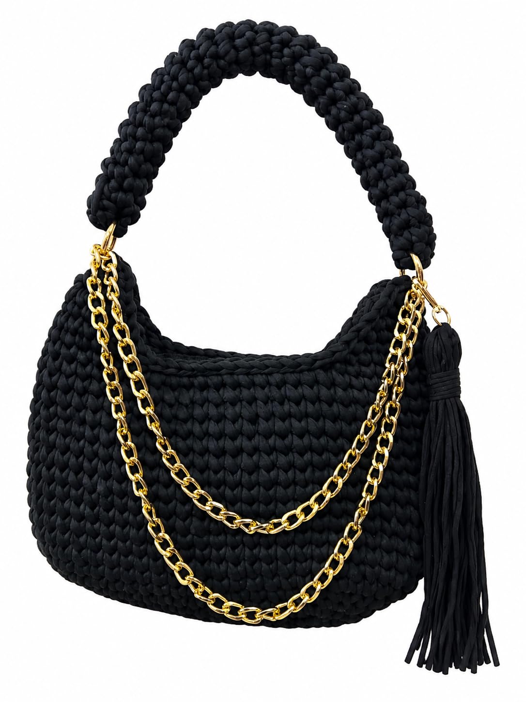 Black Crochet Shoulder Bag with Gold Chain and Tassel-picture-27