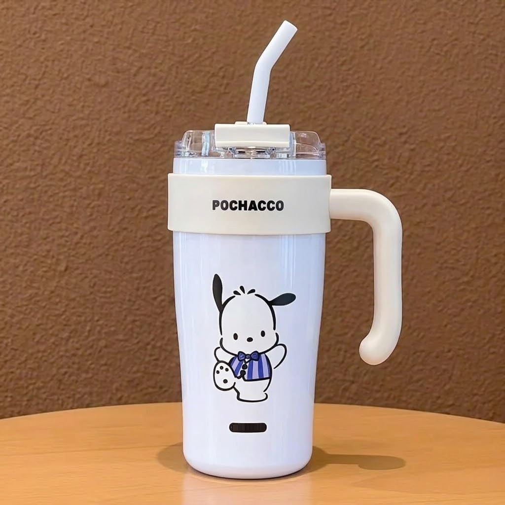 860ml vacuum insulated tumbler with handle & straw |leakproof stainless steel travel mug|cute insulated cup for hot & cold drinks|thermal coffee tumbler for office, school, gym & travel(white)
