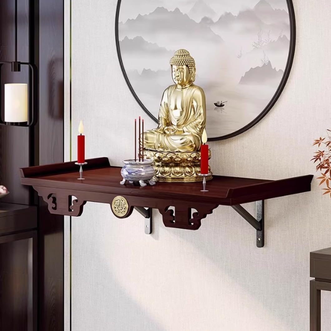 Santuario de Buda de pared en bambú con soporte de incienso y mesa de meditación y oración