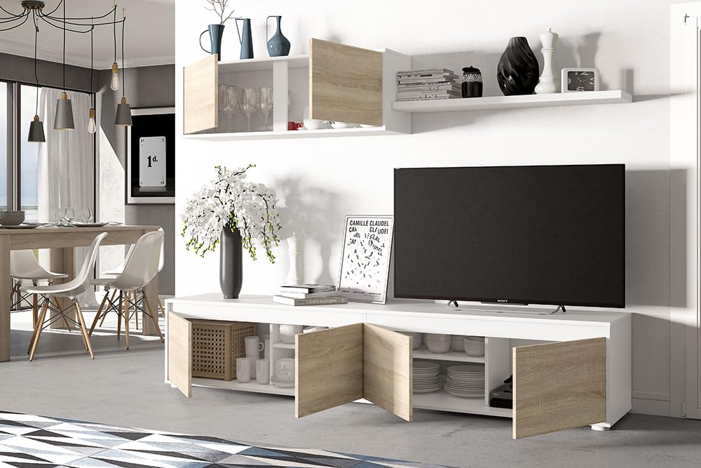Habitdesign Modèle Alida Meuble de Salon Moderne Finition Blanc « Artik » et chêne Canadien, Dimensions : 200 x 43 x 41 cm (l x H x P).