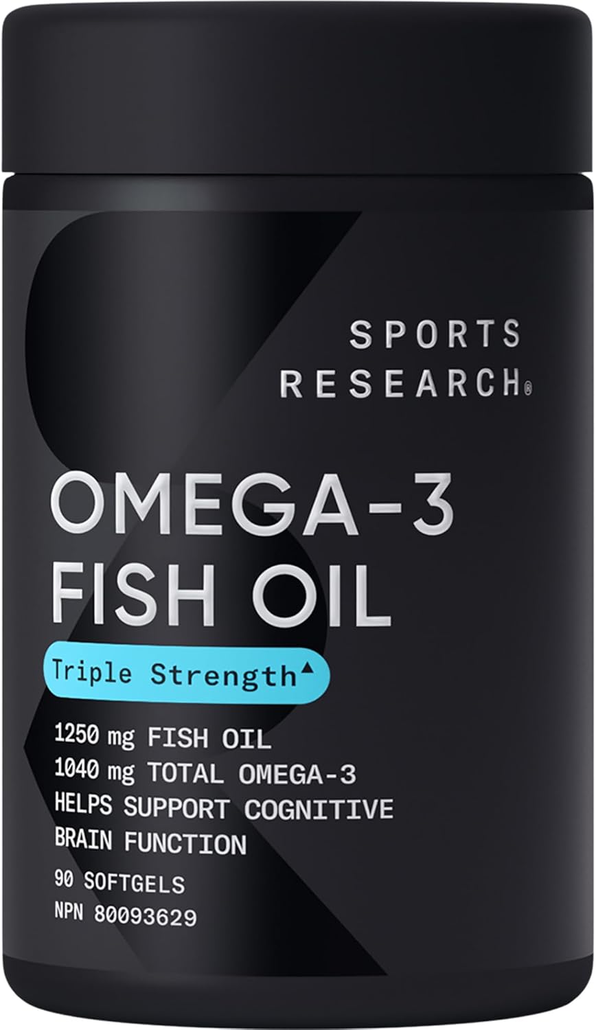 Sports Research Triple Strength Omega 3 Fish Oil - Burpless Fish Oil Supplement w/EPA & DHA Fatty Acids from Wild Alaskan Pollock - Heart, Brain & Immune Support for Men & Women - 1250 mg, 90 ct view 1