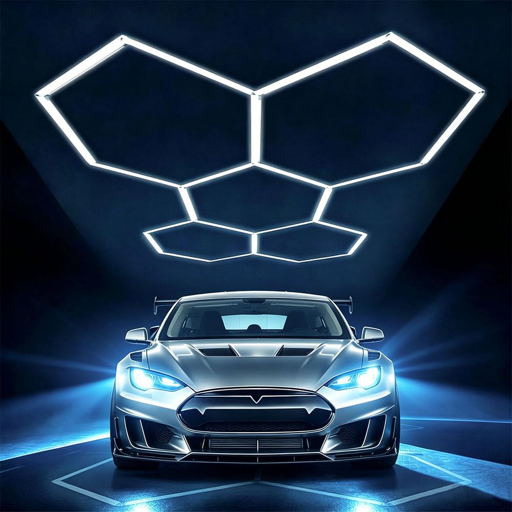 Gziztx White Hexagon Led Garage Light, 5 Packs Hexagon Led Lights, 24860M 6500K Super Bright Honeycomb Ceiling Lights, Diy Easy Install, Durable Hexagon Ceiling Light For Garage, Workshop, Gym