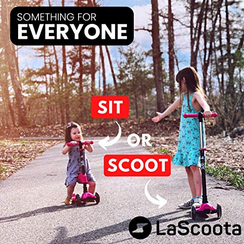LaScoota Quality Certified Scooter for Kids 3-12 Years Old - 3 Wheel Adjustable Height Scooter w/ Seat & Lightweight Extra-Wide Deck. LED Flashing Wheels. Great Gift & Toy for Toddlers. Anti-Slip