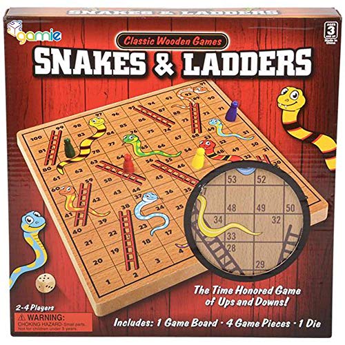 Gamie Wooden Snakes And Ladders Board Game, Complete Set With Board, 4 Pegs, And 1 Die, Classic Fun For Family Game Night And Classroom, Best Birthday Gift Idea For Boys And Girls #TOP6