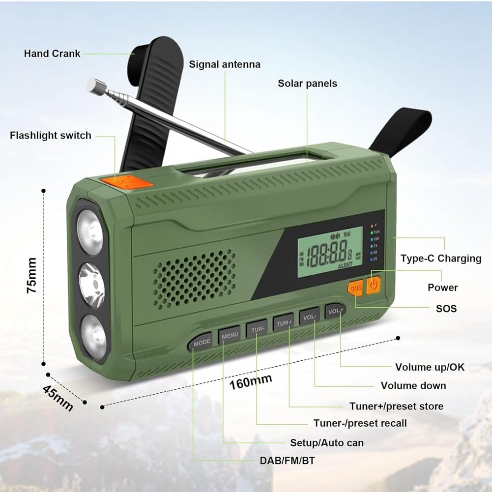 Mini korba ręczna radio Bluetooth +//radio FM 4500 mAh zasilane energią słoneczną radio awaryjne z latarką LED, alarm SOS