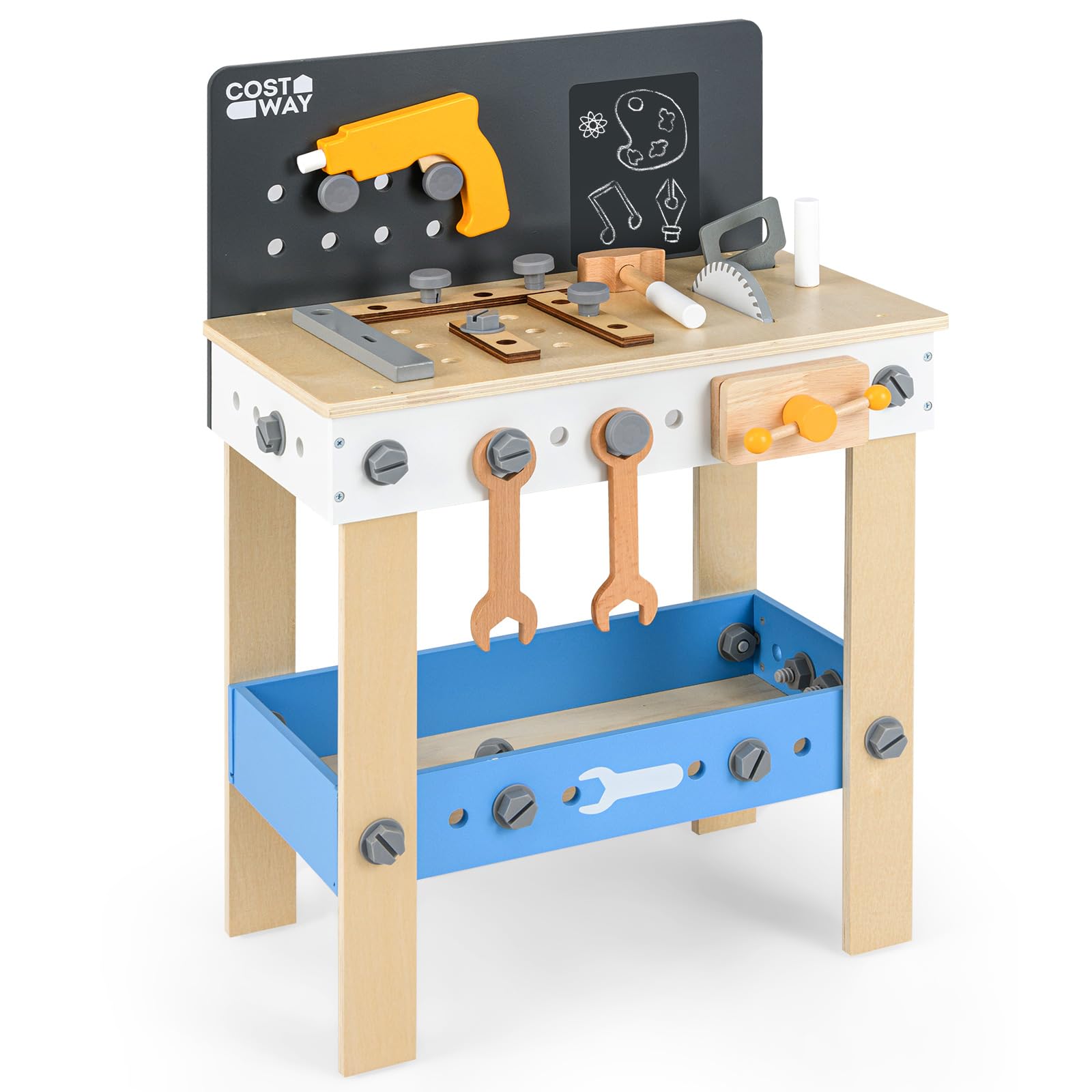GYMAX Banco da Lavoro per Bambini, Giocattolo in Legno con Attrezzi, Lavagna, Pratica Bacheca e Ampio Spazio di Stivaggio, Regalo Perfetto per Bambini dai 3 Anni in su, 51 x 28 x 72 cm
