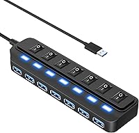 WIRWTRU 7-Port USB 3.0 Hub with Individual LED Switches - 5Gbps Splitter for Laptop, PC, Mac, PS5, Xbox