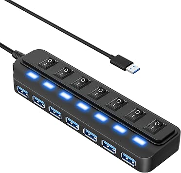 WIRWTRU USB Hub 7 Port,USB 3.0 Hub Splitter for Office,Home,School | Individual On/Off LED Switches, USB Hub for PC, 5Gbps HighSpeed Data for Laptop, Mac, PC, Desktop, PS5, Xbox