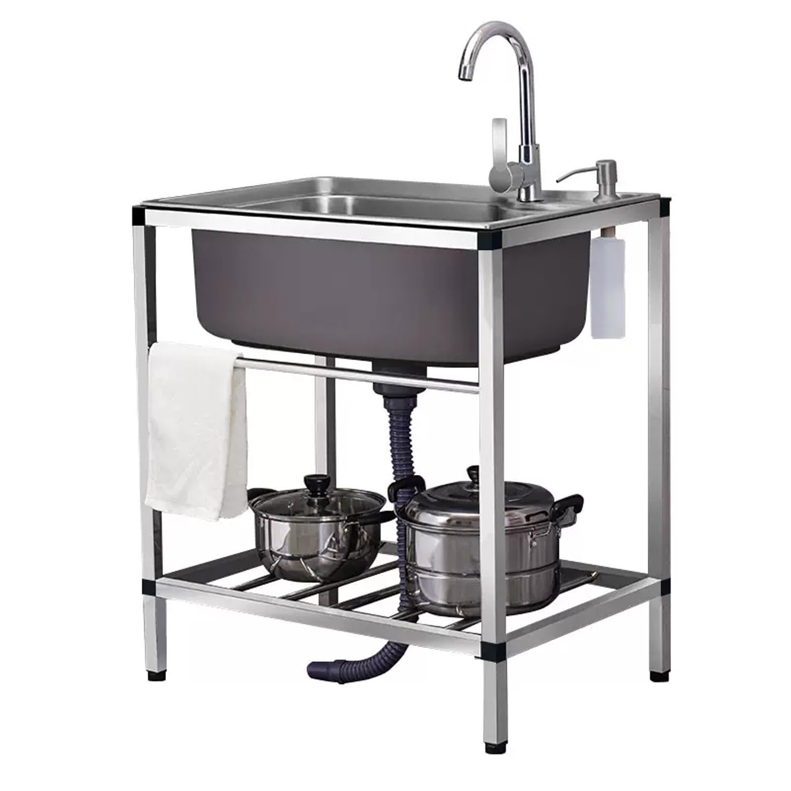 Évier de Cuisine Professionnel en Acier Inoxydable à Une cuve, modèle autoportant avec Robinet d'eau Chaude et Froide, pour buanderie extérieure, Bar ou Restaurant.