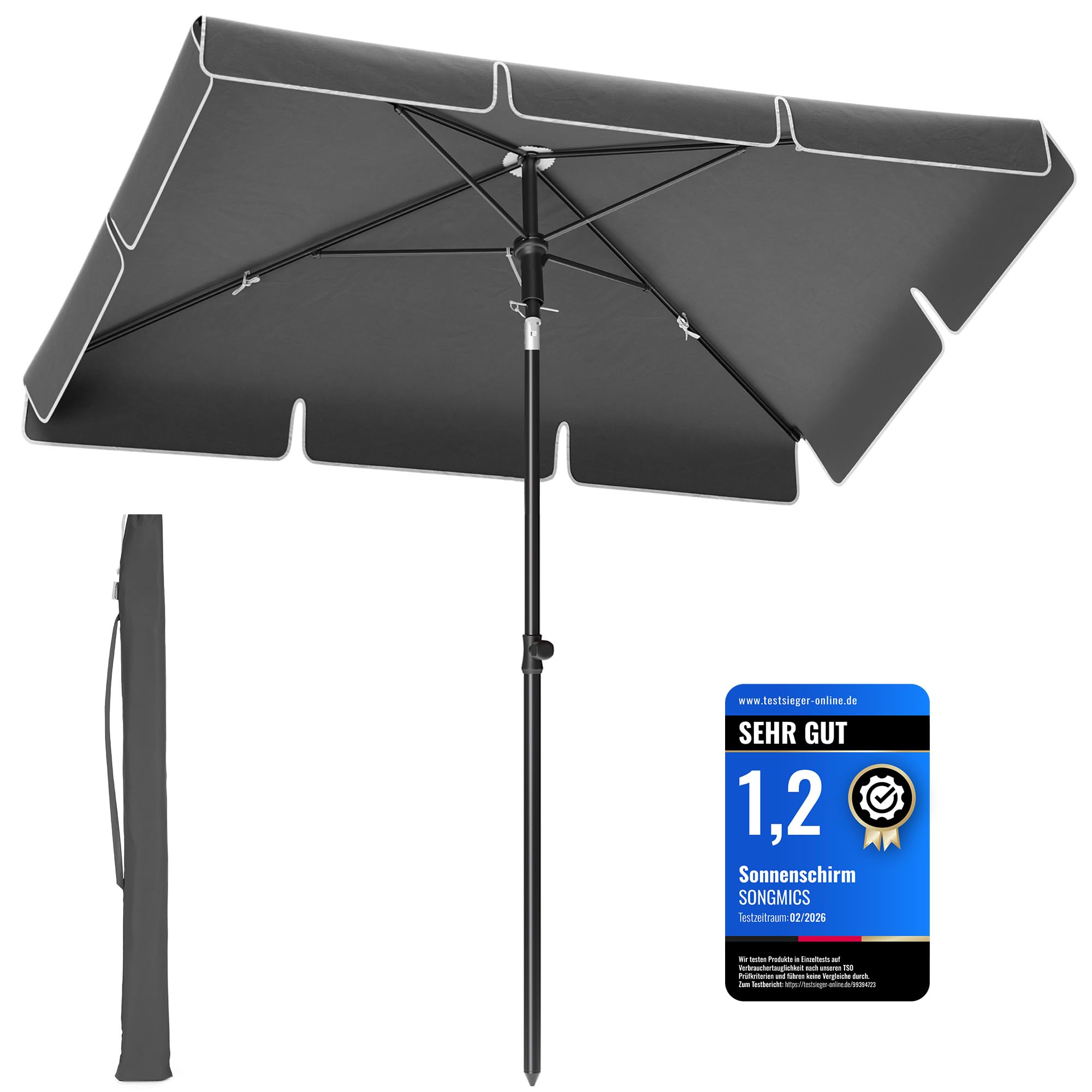 SONGMICS Sonnenschirm 180 x 125 cm, Balkonschirm UPF 50+, Sonnenschutz, beidseitig um 30° knickbar, höhenverstellbar, mit Aufbewahrungstasche, für Garten, Terrasse, ohne Ständer, grau GPU180G01