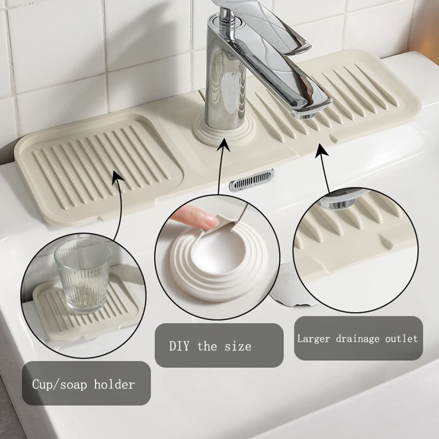 Silikon-Wasserhahn-Tropffangmatte – Spritzschutz Hinterm Wasserhahn, Mit Schwammhalter, 36,8x11,4x10,2 Cm, Schwarz