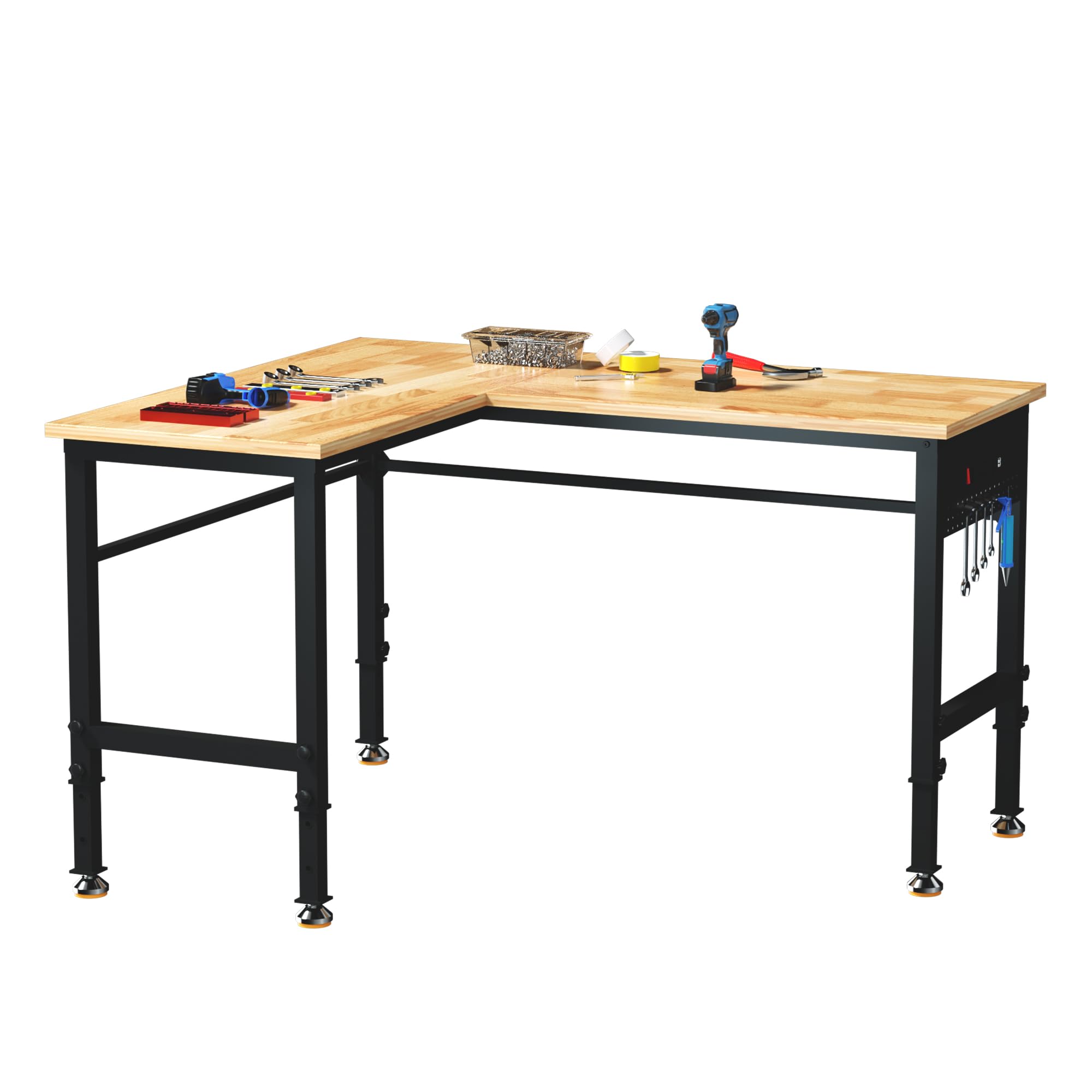 Betterhood Adjustable L-Shaped Workbench, Rubber Wood Top Heavy Duty Workstation with Power Outlets, 2000 LBS Load Capacity Hardwood Worktable for