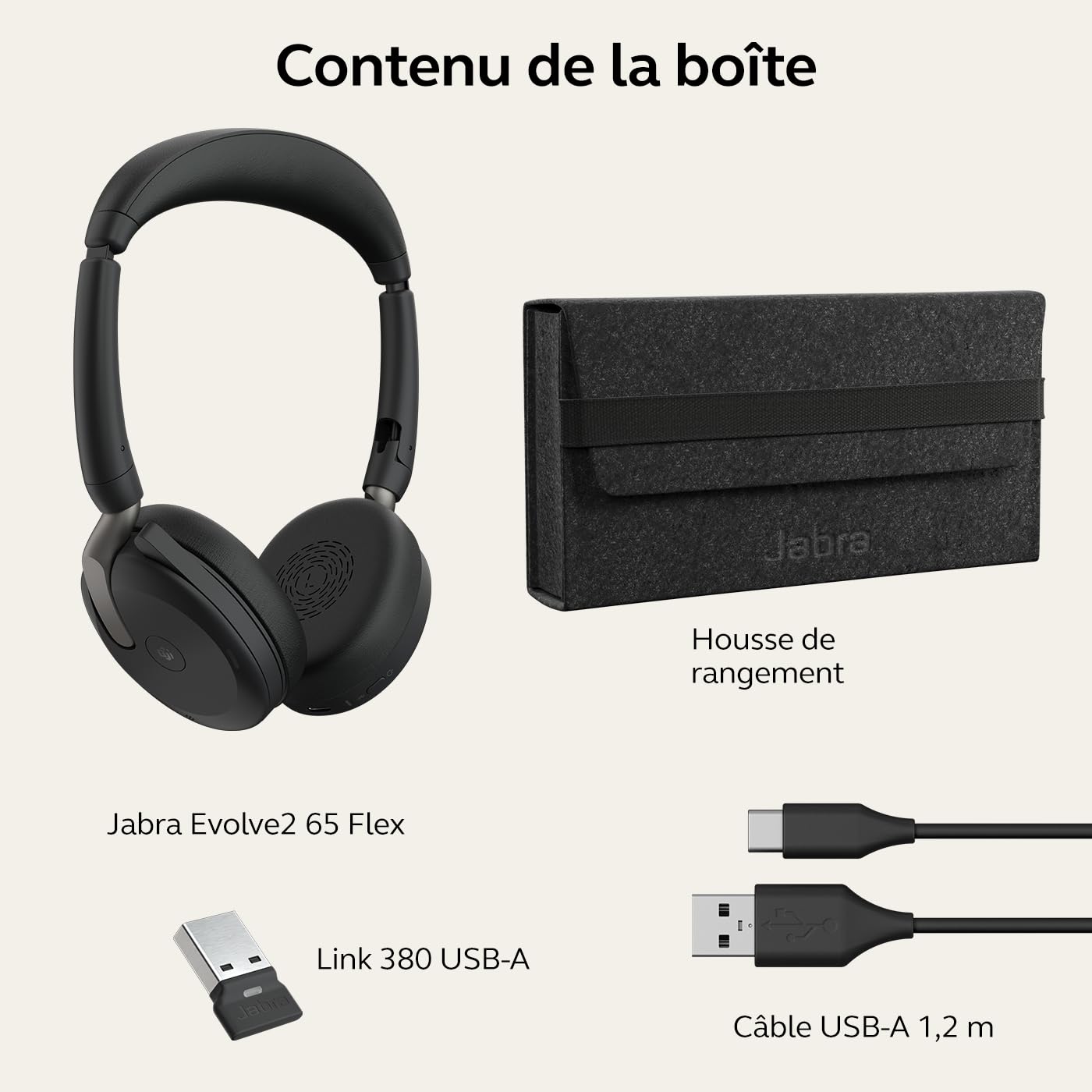 Jabra Evolve2 65 Flex, Casque Bluetooth sans Fil, avec Technologie à réduction de Bruit ClearVoice et ANC Hybride, Design Léger, Adaptateur USB-A, 20h Autonomie, Certifié MS Teams, Noir