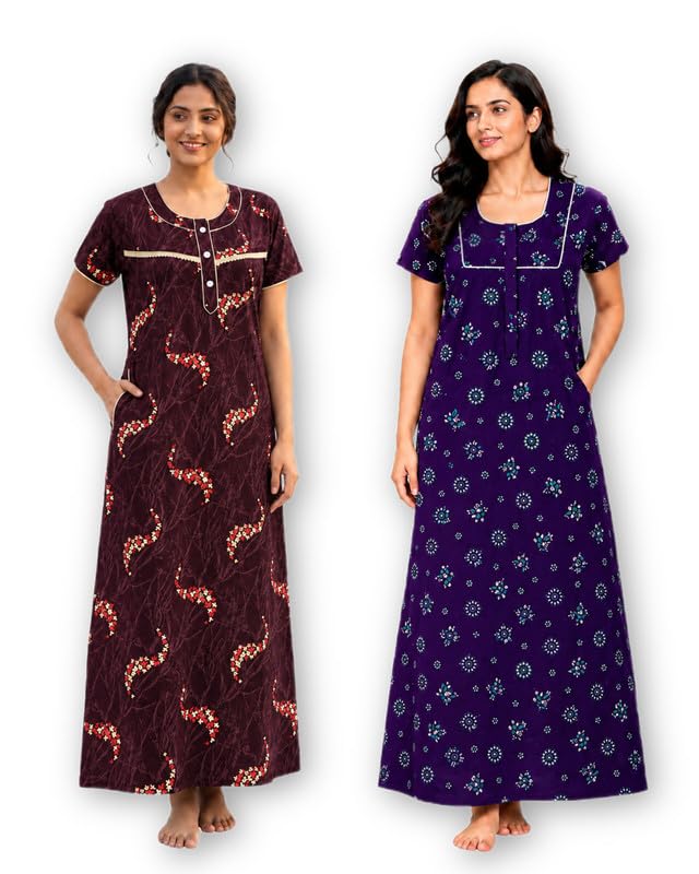 Women’s Pure Cotton Nighty Combo | Soft & Comfortable Sleepwear | Half Sleeves | Mobile Pocket | Full Length House Dress-picture-19