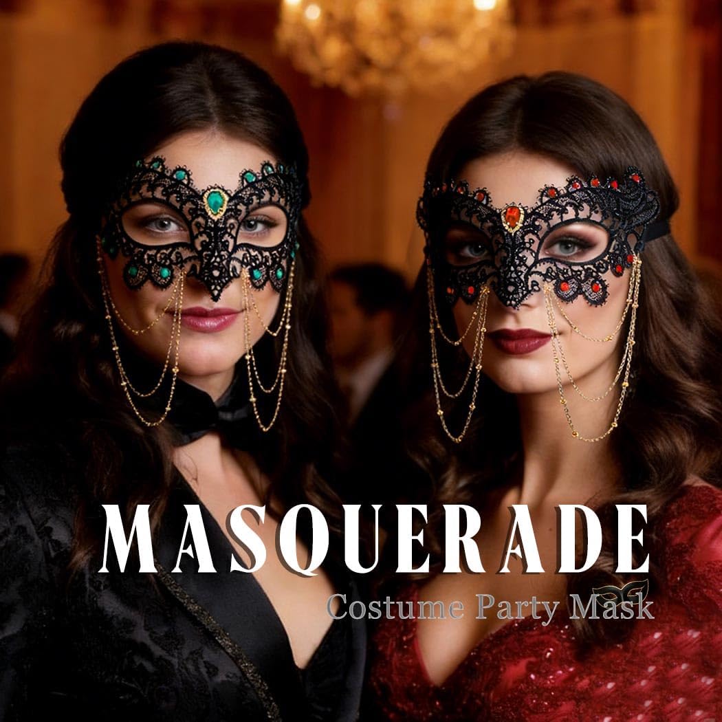 Rhinestone Masquerade Mask for Women Black Venetian Lace Costume Masks Shiny Tassel Beads Face Mask
