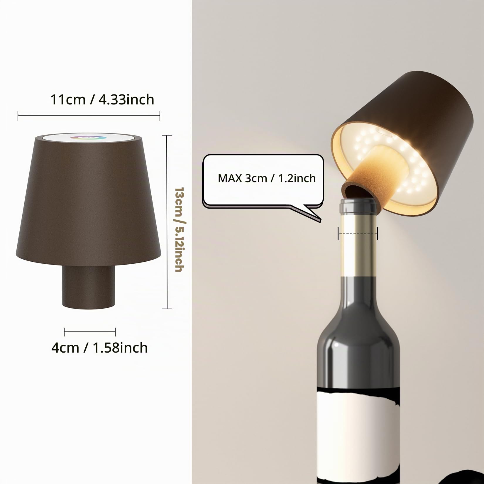 2 Pezzi Luce per Bottiglia Dimmerabile a LED senza fili, Luce per Bottiglia Portatile con Batterie, Lampada da Tavolo Tattile IP54 per uso interno/esterno, bar, ristoranti, Rosso ruggine