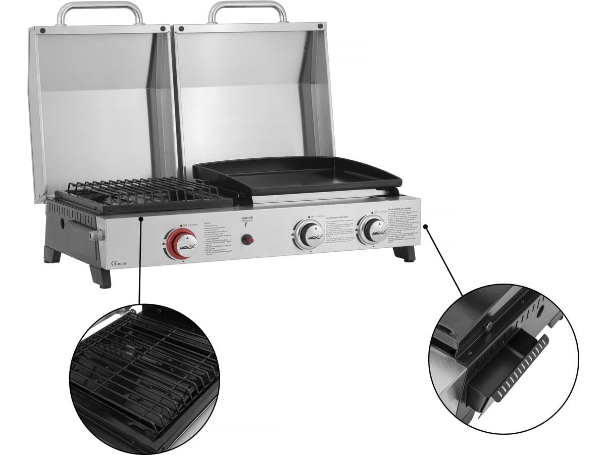 Plancha Barbecue à gaz avec Grille et plancha Flamo - 3 bruleurs - Gris
