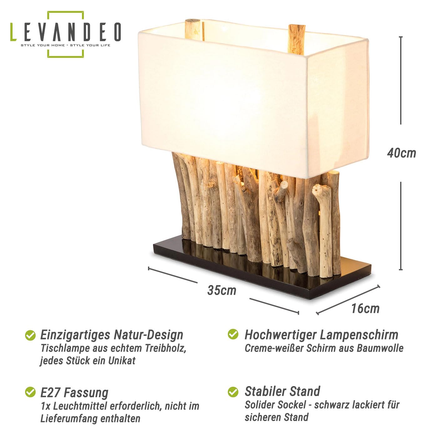 levandeo Lampe Holz 16x35cm 40cm hoch Tischlampe Tischleuchte aus recyceltem Treibholz Holzlampe Unikat Handarbeit
