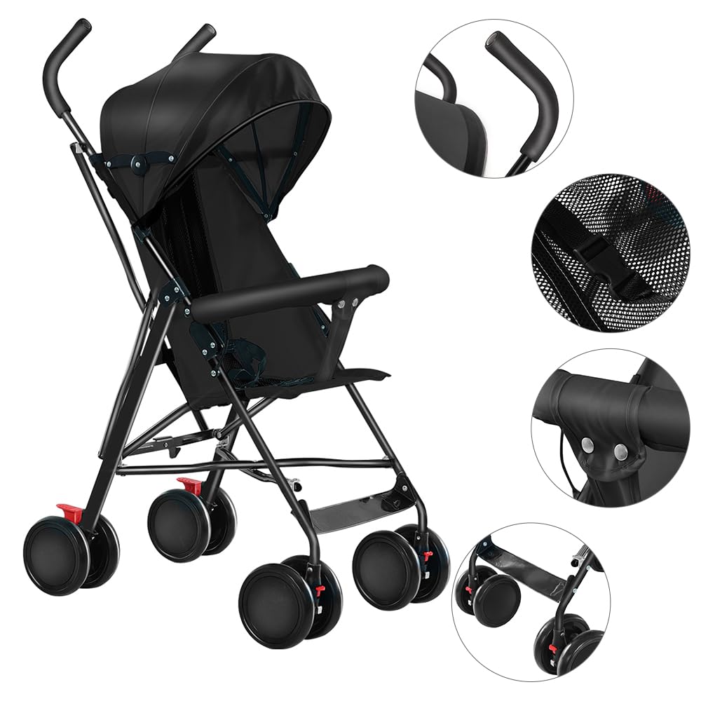 Cochecito de caña compacta Ingenious,Cochecito de caña de bebé de 0 a 4 años, cochecito compacto y ligero viaje, cochecito de 4 ruedas, capota en tres partes, con mosquitera- negro
