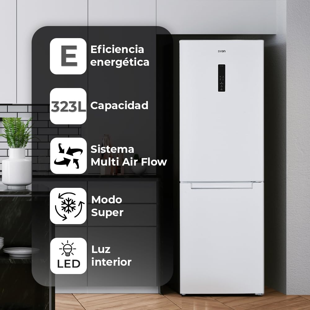 Svan Frigorífico Combi 2 Puertas Blanco SC185600ENF. Capacidad 323 Litros, No Frost, Multi AirFlow, Puerta Reversible, Bajo Nivel Sonoro, Eficiencia Energética Clase E