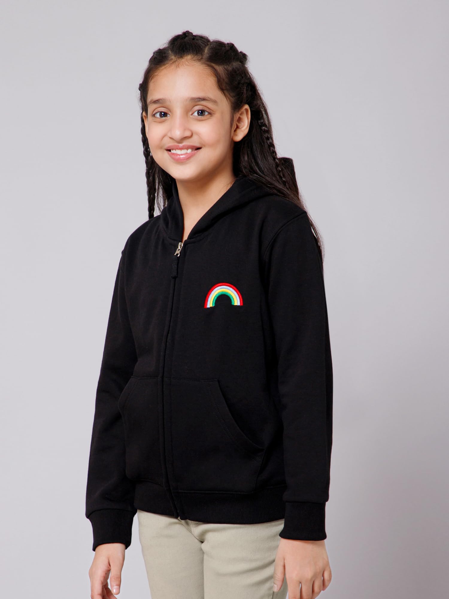 Alan Jones Clothing Girls Zipper Hooded Sweatshirt | Placement Print | Insert Pockets | Ribbed Hem | Regular Fit | Black_11-12 Years
