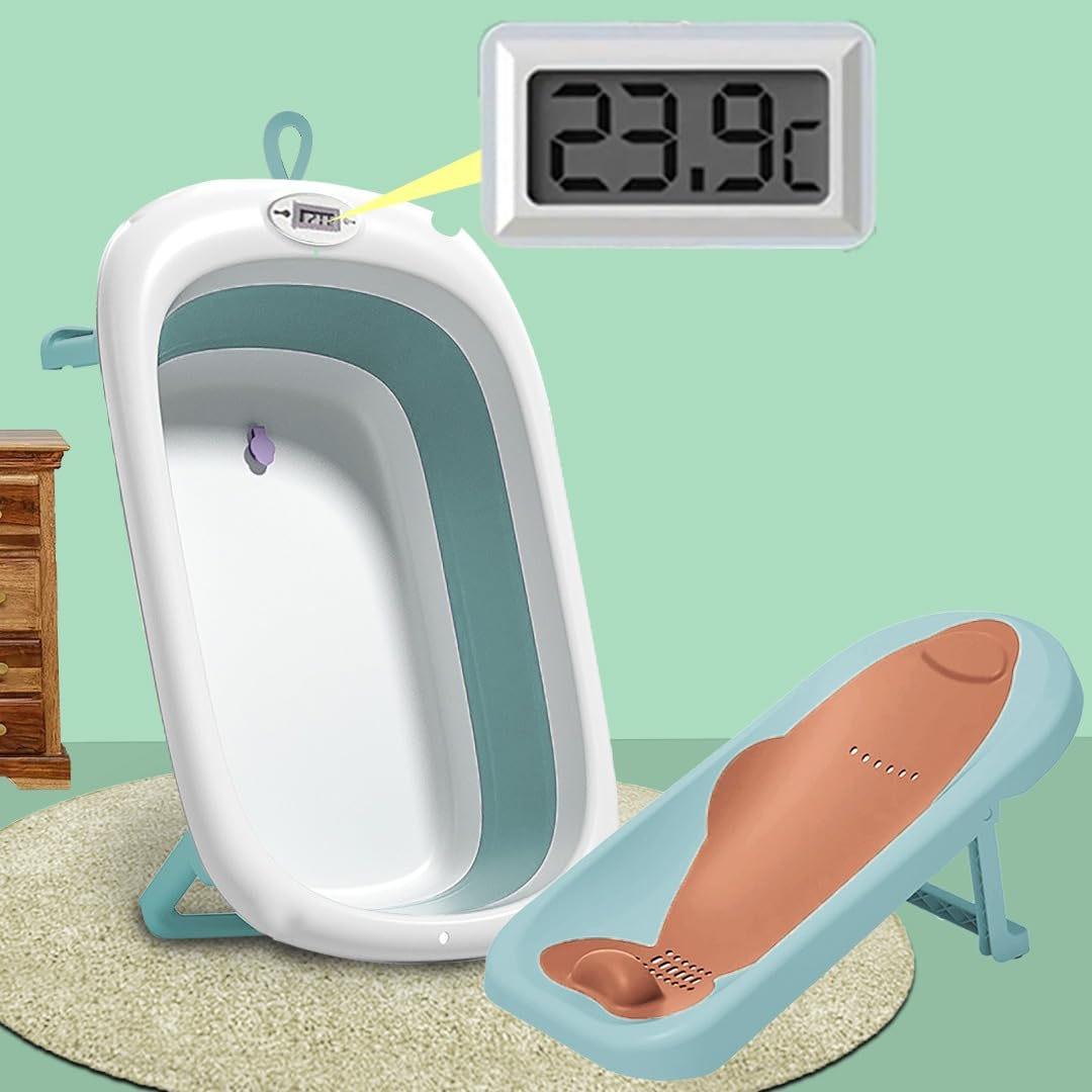 TONY STARK EXTRA LARGE SIZE Foldable Baby Bath tub & Premium Baby Bather/Sling Bather Seat with Water Temperature Display, Drain Plug, Portable Anti - Slip Collapsible Baby bath chair for Baby girls and boys Infants, Toddlers, Newborn and kids 0-3 Years (Green)