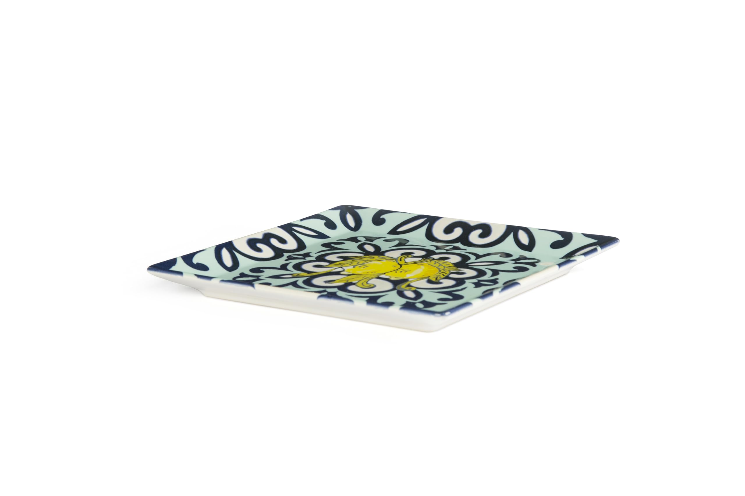 Excelsa Amalfi Servizio Piatti Quadrati in Ceramica, Set 18 Pezzi con Decorazione Limoni e Fregi Blu