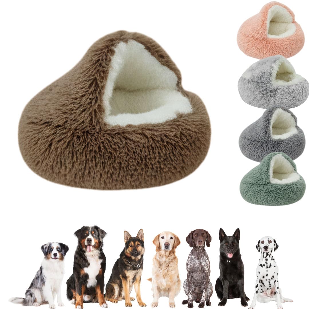 Furr & Humble Abode Round Pet Bed for Dogs - Soft Plush Sleeping Nest for Small and Large Dogs - Fluffy Warm Dog Cave House – Cosy Washable Pet Igloo Bed for Puppies & Dogs - Brown - (70 cm)
